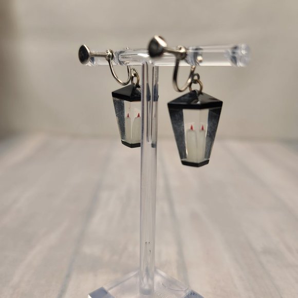 Lucite Candle Lantern Earrings in Black- Vintage, Christmas, Pinup, Screwback - Picture 6 of 6